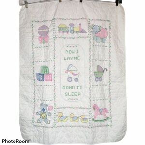White Baby Quilt Cross Stitched Train Ducks Elephant Teddy Bear Carriage
